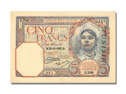 Billet, Tunisie, 5 Francs, 1927, 1927-11-28, SPL. 5 Francs Type 1924, 28 Novembre 1927, Alphabet D2240, Pick 402a...