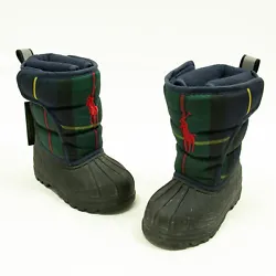 BLUE AND BLACK SNOW BOOTS FOR BOYS AND GIRLS BY POLO RALPH LAUREN. THE FEET ARE MADE IN STURDY BLACK RUBBER AND THEY...