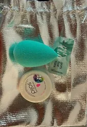 A limited-edition Chill green shade of the exclusive Beautyblender foam in a silver bag. it quickly blends make up for...