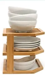 Bamboo wood 3-Tier Corner Shelf kitchen cabinet organizer, plates, bowls. Fully assembled. New, still in plastic wrap.