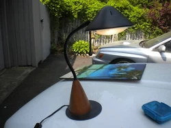 very nice desk lamp  or accent lamp      wood base  real sharp    2 settings   CLEAN