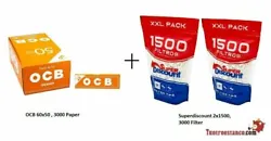 3000 Papier OCB 70mm Orange Filtres fins de 6 mm. - Papier mat. Sachet XXL de 1500 filtres.