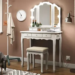 Tiptiper Vanity Table with Power Strip and Lights. Let this vanity set bring you a wonderful makeup experience! Safe...