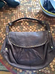 Lucky Brand Distressed Studded Hobo Brown Glove Leather.10 X 15 X 2. gold studded.  one inner zip one outside pocket....