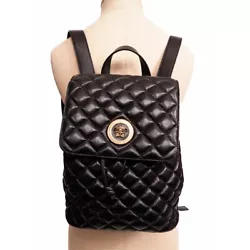 Black leather lambskin is very soft. Gold tone hardware. Drawstring Closure and flap with magnetic closure. Lined in...