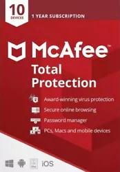 McAfee® Total Protection 2023 - 10 Devices - 1 Year. Is for McAfee® Total Protection. On installation, you will...
