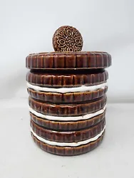 Vintage Cookie Jar Oreo Sandwich Cookie Stack Ceramic Made In Japan 1950’s.  Small chip under lid Otherwise great...