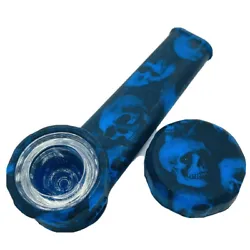 Blue Skulls. Includes glass bowl and silicone lid. (Do not use alcohol on outside of pipe, it could destroy pattern)....