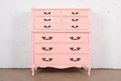 By Henredon. A gorgeous French Provincial Louis XV style seven-drawer highboy dresser. Pink lacquered solid cherry...