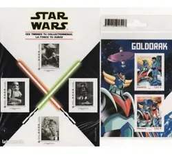 Lot bloc 4 timbres Star Wars neuf et bloc 2 timbres Goldorak. Lensemble est composé de : 1 collector rare STAR WARS en...