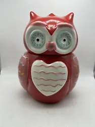 Red Owl Cookie Jar Treat Jar Ceramic Red Heart Valentines Day Canister. There is a chip on lip of cookie jar. Cannot be...