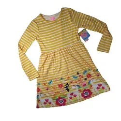 Color: Yellow Striped with Floral & Unicorn Print on bottom. Lightweight Long Sleeve Dress.