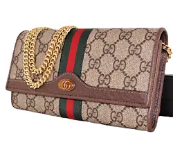 Up for Sale: Authentic Gucci Ophidia GG Chain Wallet with Brown Leather Trim. Removable chain strap with 24
