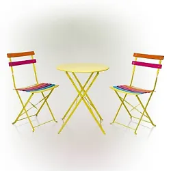 •PATIO SEATING SET: Bright, vibrant rainbow colors adorn this steel 3-piece bistro set featuring 2 folding chairs and...