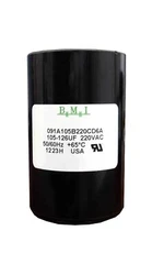 105-126 MFD (uF) 220VAC 50/60Hz. High quality capacitor made in the USA by Barker Microfarads (BMI).