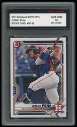 Jeremy Pena 2021 Bowman Prospects Rookie Card #BP-11 (1st Graded, Gem Mint 10). - All Cards Are 100% Original, Genuine...