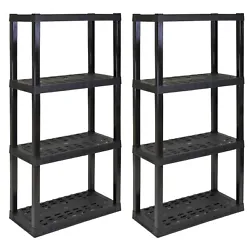 Heavy-duty molded plastic resin shelves hold up to 150 lbs (68 kg) per shelve and will not rust, dent, stain, or peel....