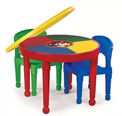The Tot Tutors Kids 2-in-1 Plastic LEGO-Compatible Activity Table and 2 Chairs Set features a play surface compatible...