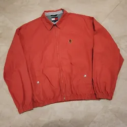 Selling VTG Tommy Hilfiger Mens L Large Salmon Red Lion Crest Bomber Harrington Jacket.  You can see the condition...