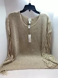 Chico’s Tarrin Tape Yarn Fringe Poncho Sweater Womens Large L:XL Taupe Tan NWT.