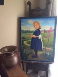 young girl bringing Wild flowers to her Gramma; Excellent Condition. Oil Painting Original Young Girl In Blue Dress,...