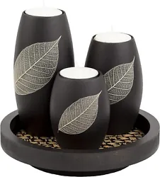IYARA CRAFT Tealight Candle Holders with Candle Tray Set of 3 Decorative Candle Holders Matte Wood Finish with Dry Leaf...