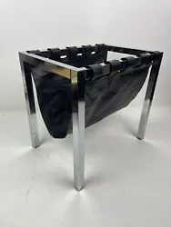 Vintage 1970’s Modern Chrome faux Black Leather Magazine Rack Sturdy 18x12x16”. Rack is in good shape and...