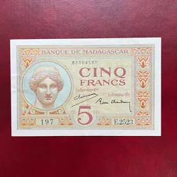 Madagascar Billet 5 Francs 1937 Alph F.2523Très bel exemplaire pli en croix Épinglage discret 2 trous marge gauche...