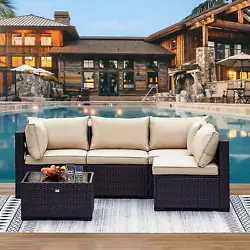 5 Piece Wicker Patio Sectional Furniture Sets Outdoor Sofa Rattan Couch,All Weather Conversation Set with Tempered...
