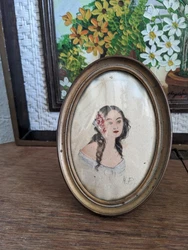 ANTIQUE VINTAGE STAND UP OVAL TABLE top FRAME convex bubble glass with beautiful hand drawn portrait of a woman.  6 in...