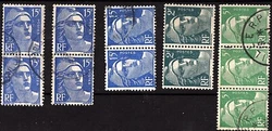 5 paires timbres oblitérés 1945 Marianne de Gandon n° 713 + 719 + 812.