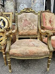 French Louis XV Rococo Style Aubusson Chairs Late 19th C Ornate Carved Giltwood with Arms, Set of 2. 1890s French Louis...