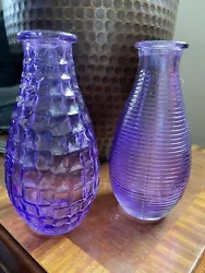 Amazing Set Of 2 Mini Textured Gass Purple Floral Bud Vases 5.5” Tall. Excellent like new condition Measures...