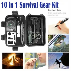 Survival Gear Kit 10 in 1 including : ①compass; ②credit card knife; ③dual-tube whistle; ④survival knife;...