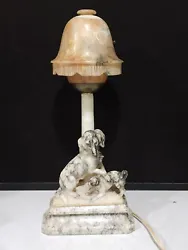 STUNNING CARVED ALABASTER LAMP OF DOGS PLAYING.