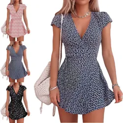 Floral Print Short Sleeve Wrap Dress. There may be slightly color difference cause of light shooting. Main Material:...