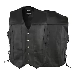 Snap button on front make biker leather vest a nicer look and better comfort than zipper to put on and take it off. Our...