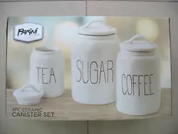 Parini 3 Piece Ceramic Canister Set. Containers Labeled Sugar, Coffee, & Tea.
