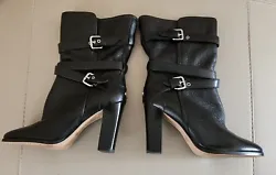 Authentic Coach Alexandra Black Leather Buckle Mid Calf Fatigue Heeled Boots Size 8 B. In very good preowned condition.