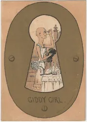 Bald Man as a ‘Giddy Girl’ Cross-Dressing Through a Keyhole Victorian Trade Card.