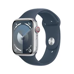 Apple Watch Series 9 GPS + Cellular Aluminium Argent Bracelet Sport Band Bleu M/L 45 mm - Montre connectée 4G LTE -...