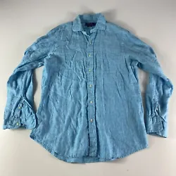 Ralph Lauren Button Down Shirt Adult Medium Classic Blue Linen Long Sleeve MensSEE IMPERFECTIONS SHOWN/POINTED OUT IN...