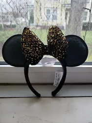 Disney World 50th Anniversary Minnie Ears Headband Black Gold Faux Leather Luxe.