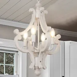 Wood Chandelier: This farmhouse chandelier has special appearance, warm handmade distressed white finish and wood...