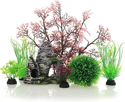 JIH Aquarium Fish Tank Plastic Plants and Cave Rock Decorations Decor Set 7 Pieces, Small and Large Artificial Plants...