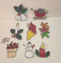 Vtg Stained Glass Christmas Suncatcher Lot: SANTAS SLEIGH, SNOWMAN, MISTLETOE, CANDLES, LEAVES & BELLS. They are all...