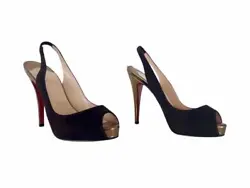 Authentic Christian Louboutin No Prive 120 mm heels Deep chocolate brown suede paired with metallic bronze peep-toe and...