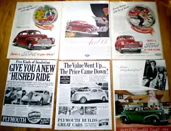 Lot of 12 different original magazine ads from 1937 to 1946. 1937 Plymouth (2). 1946 Ford (2). 1938 Plymouth (2).