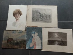 Lot De 5 Anciens Dessin Crayon De Papier Et Peinture, XIXEME, XXEme.  En létat et non signé. 25x34cm pour le plus...