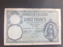 billets 20 Franc 1919 algerie Date Très Rare 03/28./1919
